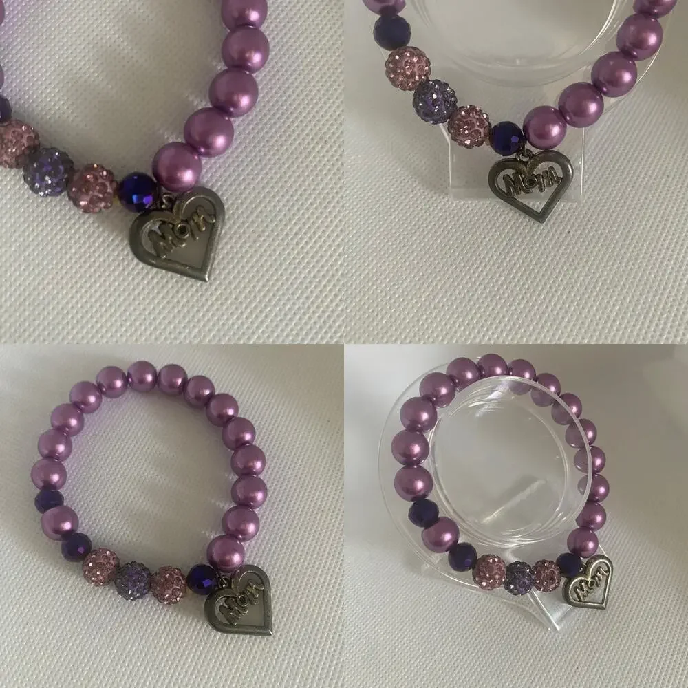 Purple Mom Charm Bracelet Set of 3 Beaded Faux Pearl Crystal Stretch Jewelry